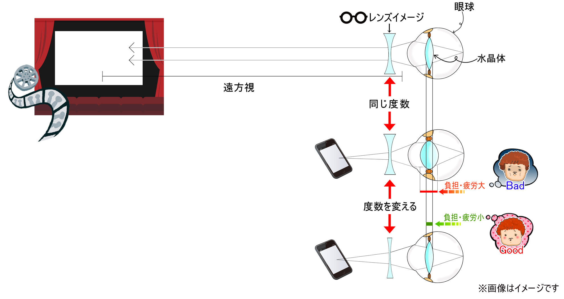 遠くの度数で近くを見ると毛様筋が緊張します。